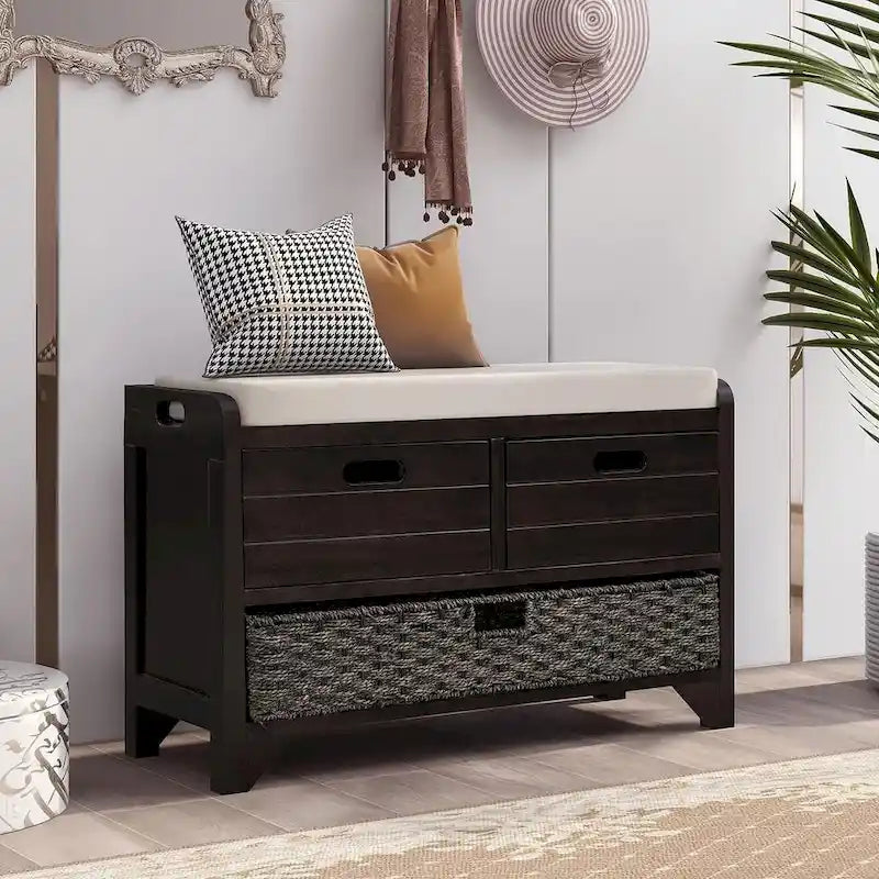 Banc de rangement capitonné polyvalent 32 Farmhouse pour entrée, avec 2 tiroirs et un panier amovible