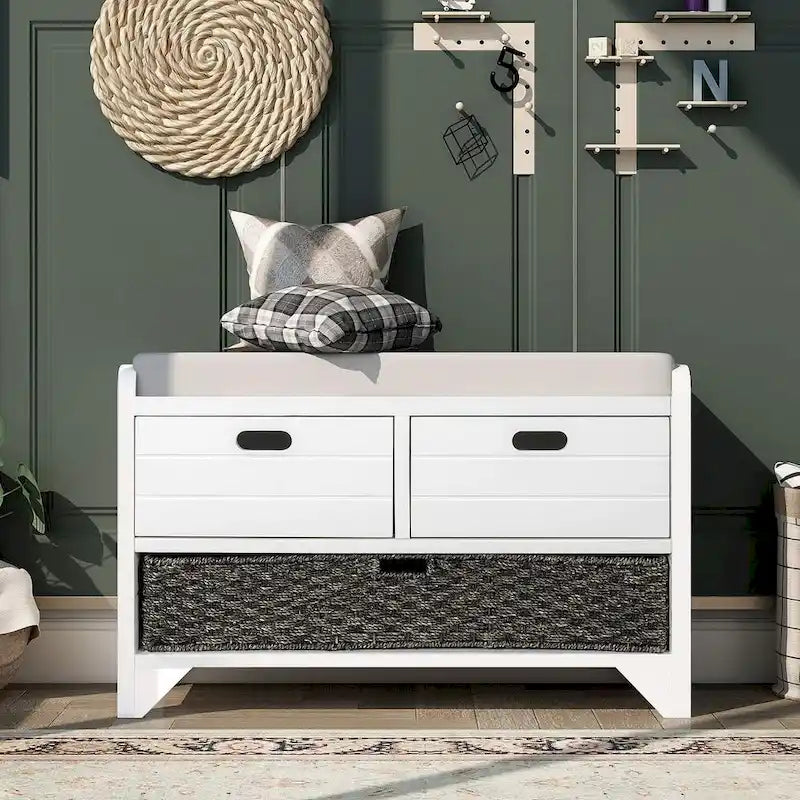 Banc de rangement capitonné polyvalent 32 Farmhouse pour entrée, avec 2 tiroirs et un panier amovible