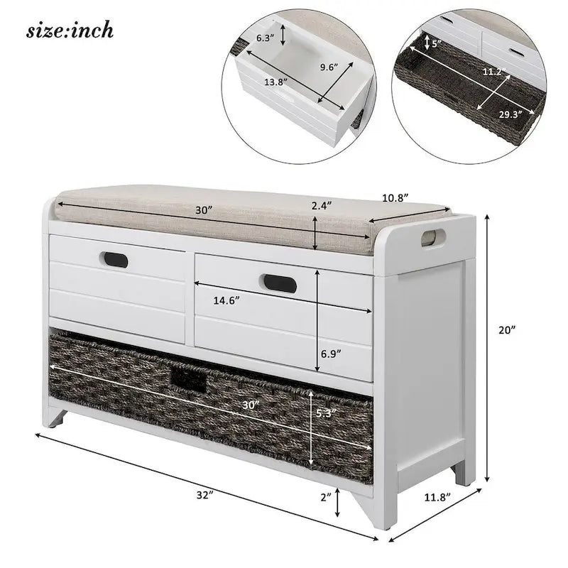 Banc de rangement capitonné polyvalent 32 Farmhouse pour entrée, avec 2 tiroirs et un panier amovible