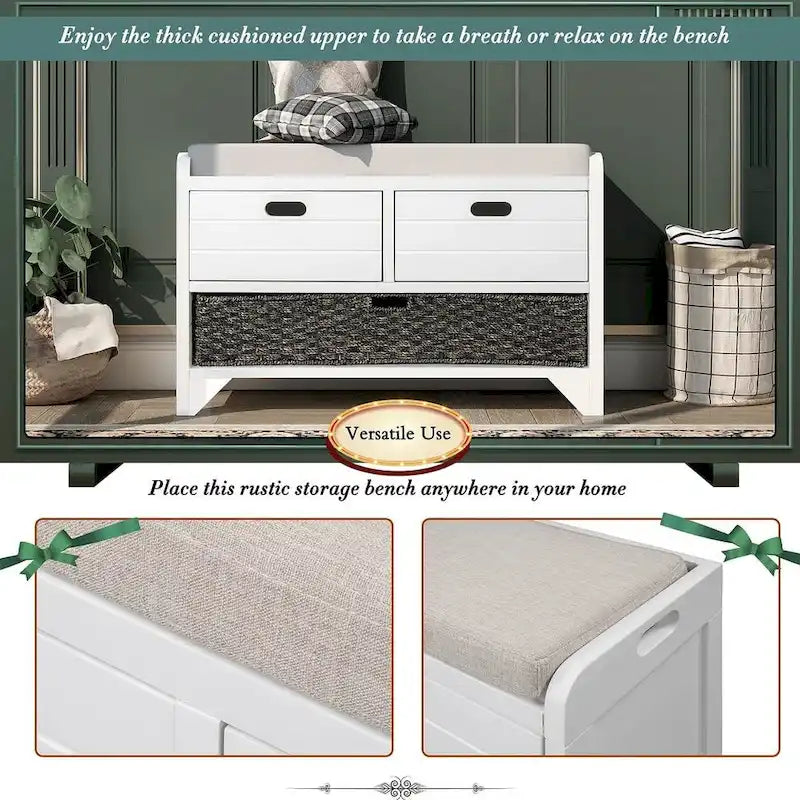 Banc de rangement capitonné polyvalent 32 Farmhouse pour entrée, avec 2 tiroirs et un panier amovible