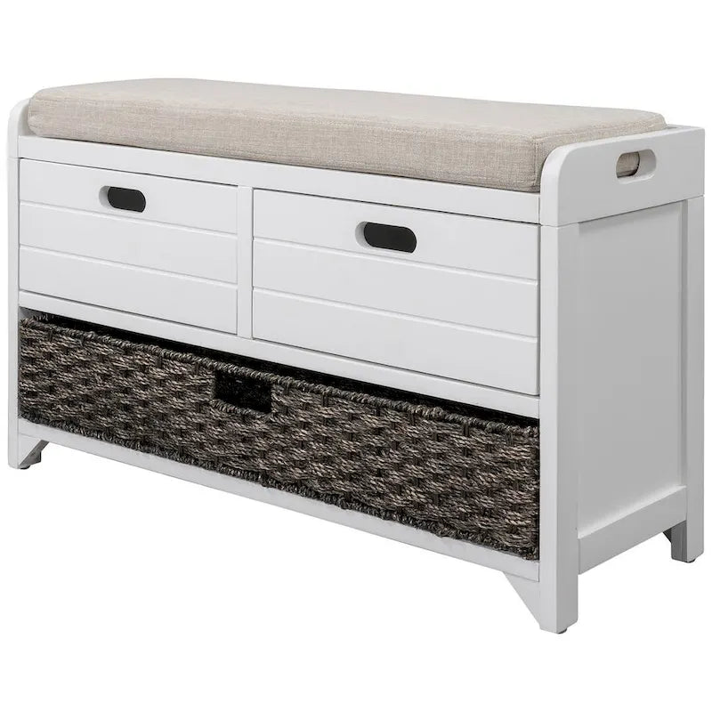 Banc de rangement capitonné polyvalent 32 Farmhouse pour entrée, avec 2 tiroirs et un panier amovible