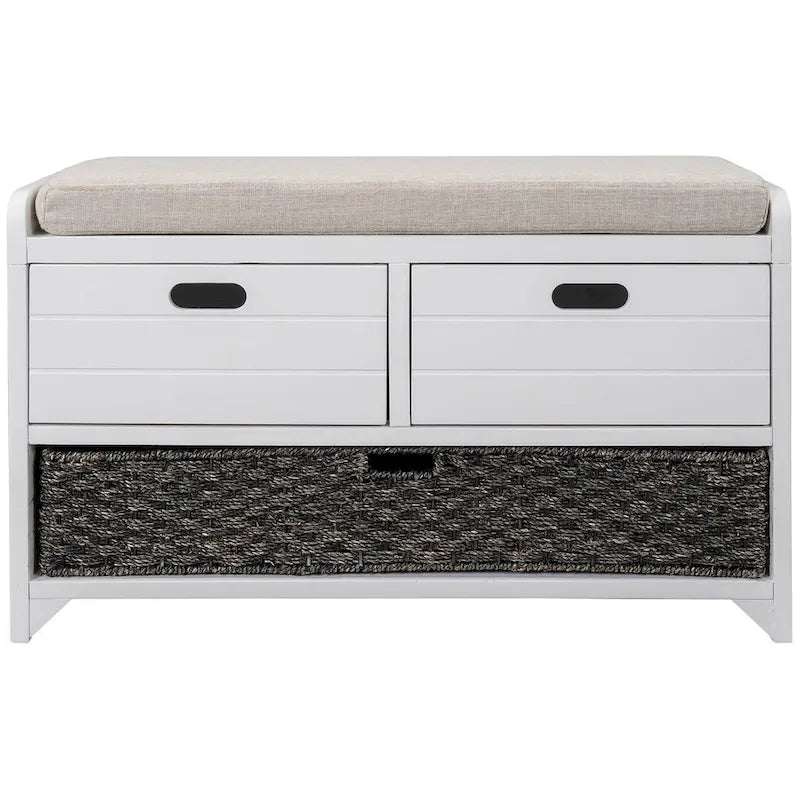 Banc de rangement capitonné polyvalent 32 Farmhouse pour entrée, avec 2 tiroirs et un panier amovible