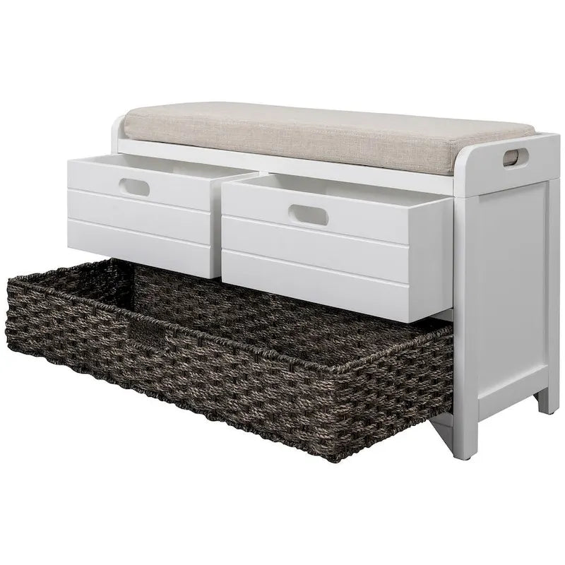 Banc de rangement capitonné polyvalent 32 Farmhouse pour entrée, avec 2 tiroirs et un panier amovible