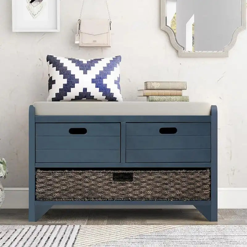 Banc de rangement capitonné polyvalent 32 Farmhouse pour entrée, avec 2 tiroirs et un panier amovible