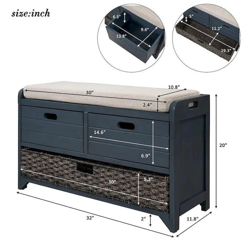 Banc de rangement capitonné polyvalent 32 Farmhouse pour entrée, avec 2 tiroirs et un panier amovible