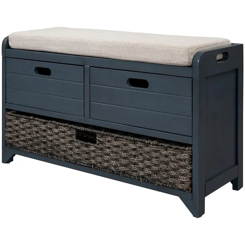 Banc de rangement capitonné polyvalent 32 Farmhouse pour entrée, avec 2 tiroirs et un panier amovible