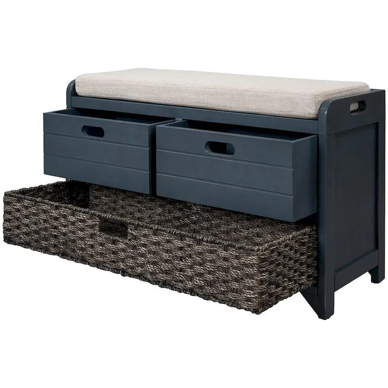 Banc de rangement capitonné polyvalent 32 Farmhouse pour entrée, avec 2 tiroirs et un panier amovible