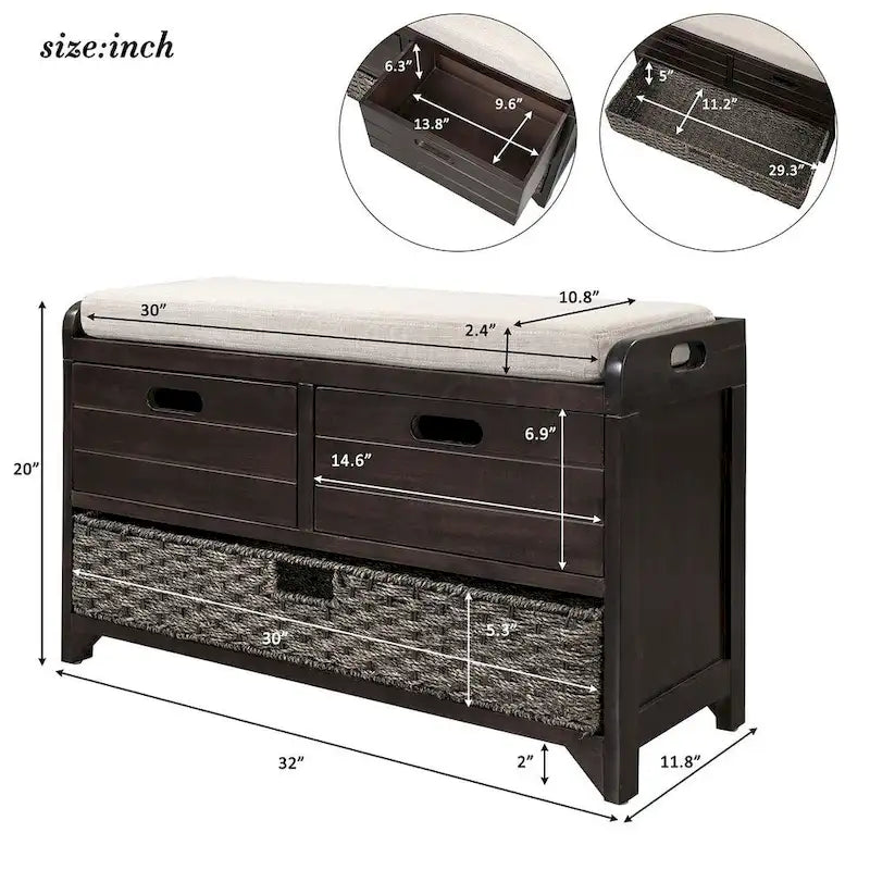 Banc de rangement capitonné polyvalent 32 Farmhouse pour entrée, avec 2 tiroirs et un panier amovible