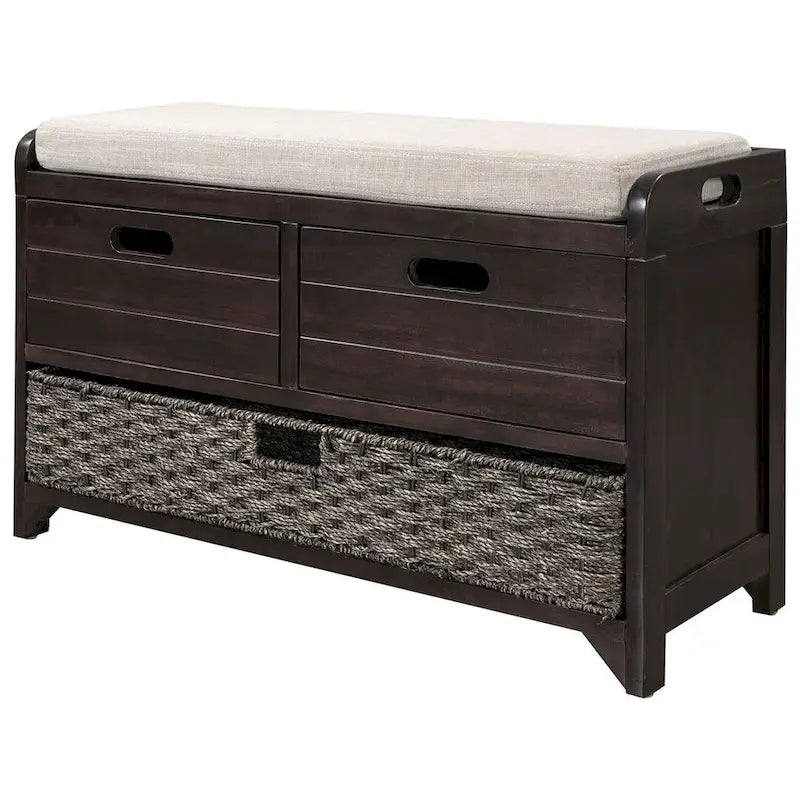 Banc de rangement capitonné polyvalent 32 Farmhouse pour entrée, avec 2 tiroirs et un panier amovible