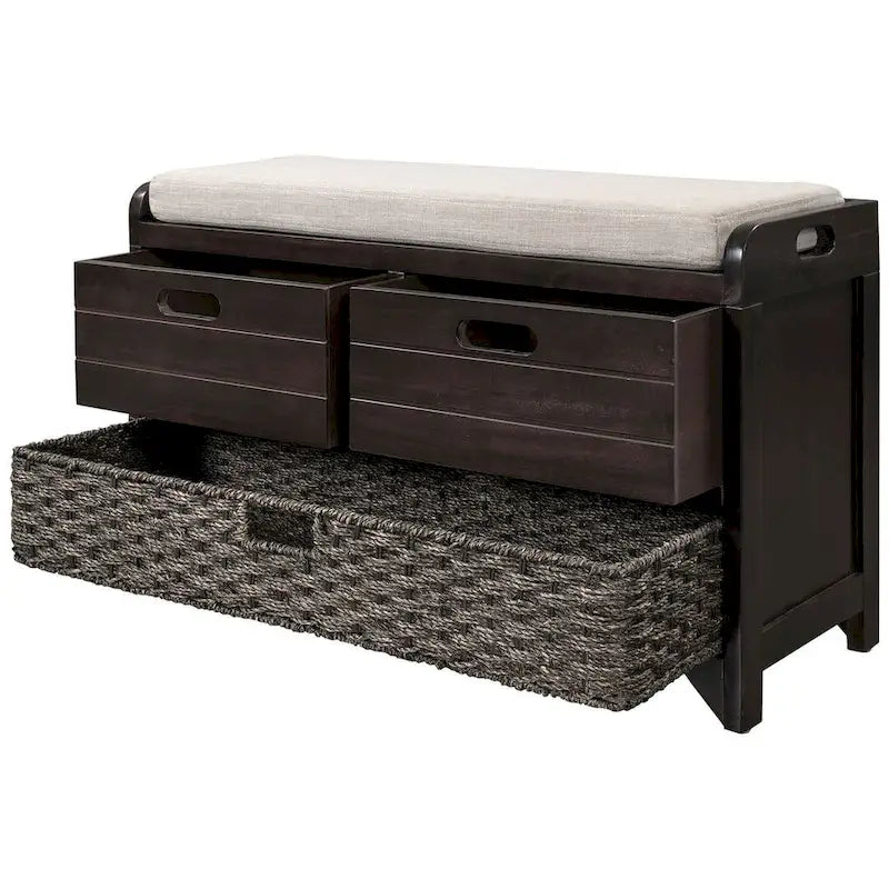 Banc de rangement capitonné polyvalent 32 Farmhouse pour entrée, avec 2 tiroirs et un panier amovible