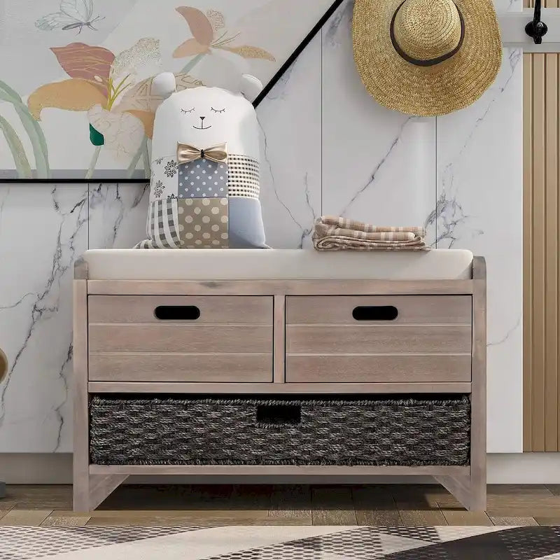 Banc de rangement capitonné polyvalent 32 Farmhouse pour entrée, avec 2 tiroirs et un panier amovible
