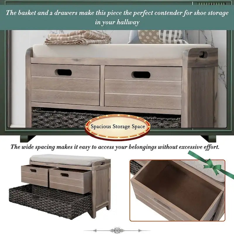 Banc de rangement capitonné polyvalent 32 Farmhouse pour entrée, avec 2 tiroirs et un panier amovible