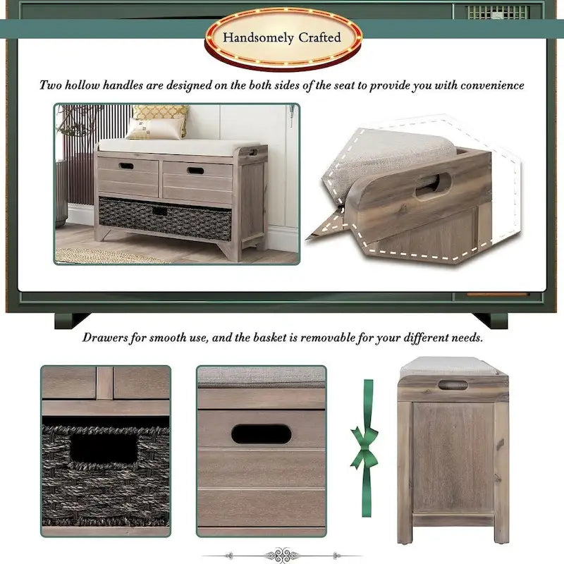 Banc de rangement capitonné polyvalent 32 Farmhouse pour entrée, avec 2 tiroirs et un panier amovible