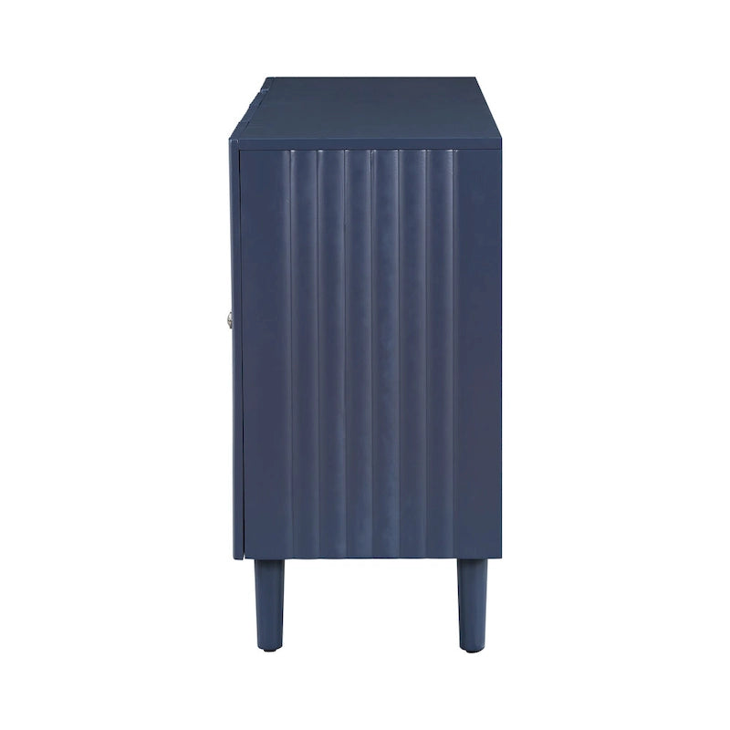 Bahut à Quatre Portes Élégant avec Portes à Motif Ondulé, Pieds Cylindriques et Poignées Métalliques Épurées, Réglable, pour Salon