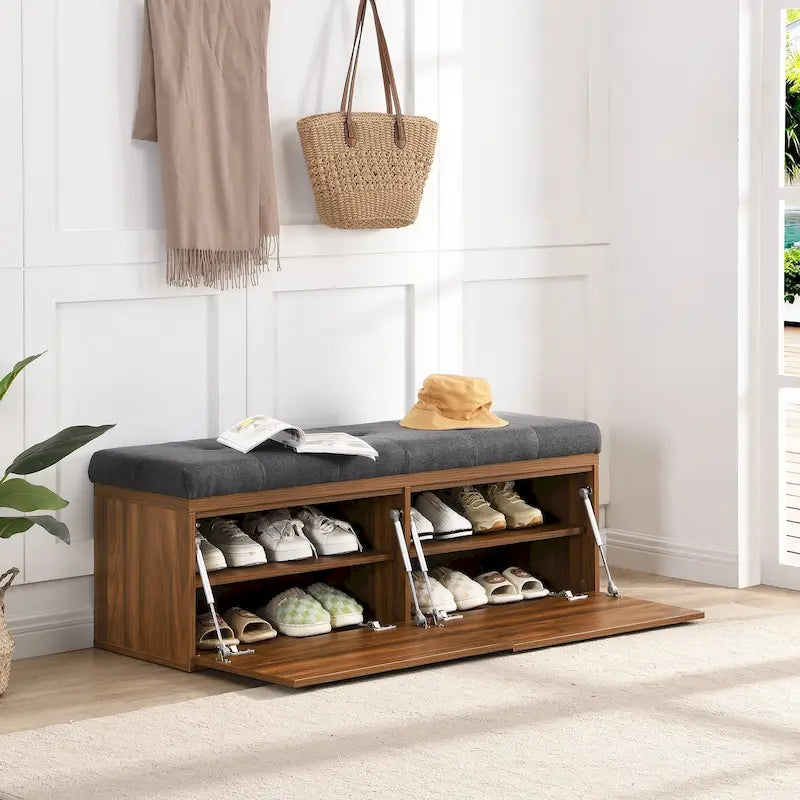 Banc de rangement pour chaussures d'entrée avec coussin et portes doubles