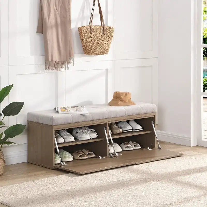 Banc de rangement pour chaussures d'entrée avec coussin et portes doubles