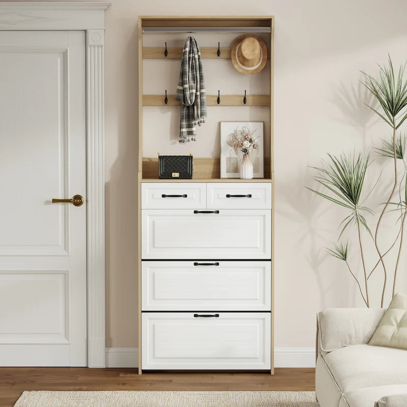 Nouveau meuble à chaussures en bois, 3 portes et 2 tiroirs, équipé de cintres et d'un grand espace de rangement