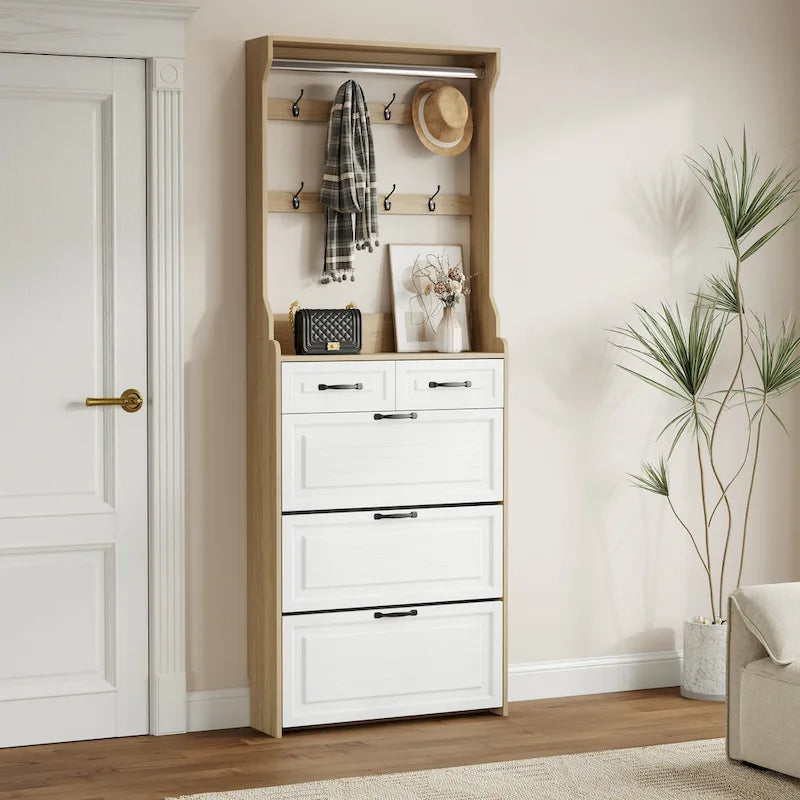 Nouveau meuble à chaussures en bois, 3 portes et 2 tiroirs, équipé de cintres et d'un grand espace de rangement