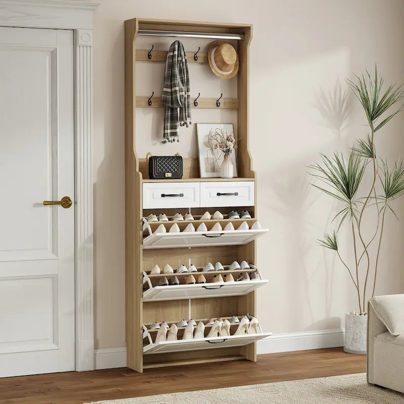 Nouveau meuble à chaussures en bois, 3 portes et 2 tiroirs, équipé de cintres et d'un grand espace de rangement