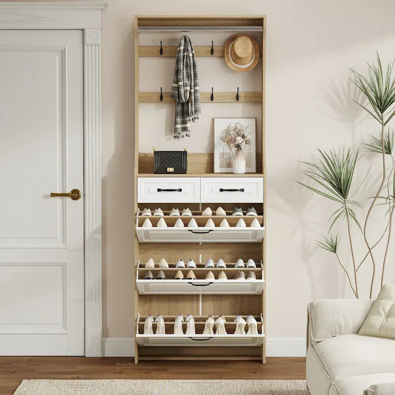Nouveau meuble à chaussures en bois, 3 portes et 2 tiroirs, équipé de cintres et d'un grand espace de rangement