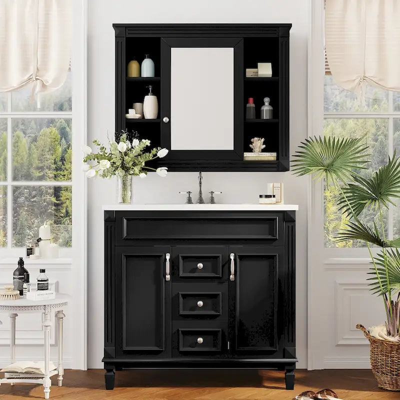 Meuble-lavabo de 36 po avec dessus, armoire de rangement de salle de bain moderne avec 2 portes à fermeture douce, 2 tiroirs et évier simple