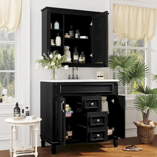 Meuble-lavabo de 36 po avec dessus, armoire de rangement de salle de bain moderne avec 2 portes à fermeture douce, 2 tiroirs et évier simple