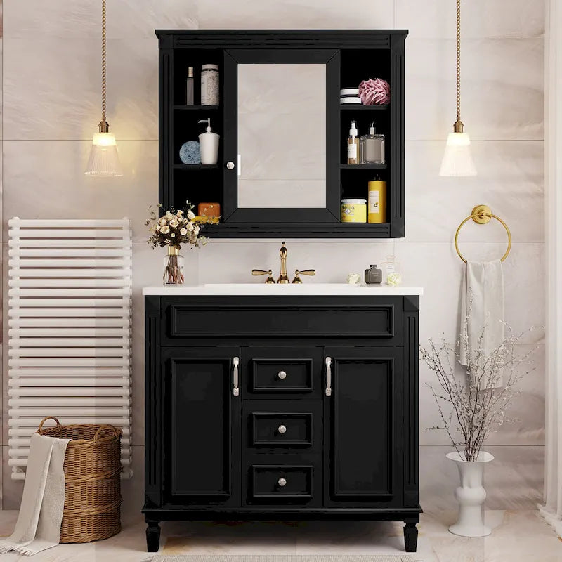 Meuble-lavabo de 36 po avec dessus, armoire de rangement de salle de bain moderne avec 2 portes à fermeture douce, 2 tiroirs et évier simple