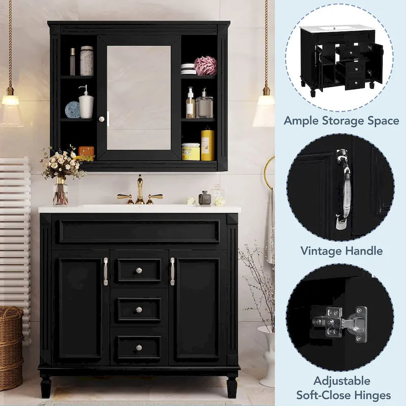 Meuble-lavabo de 36 po avec dessus, armoire de rangement de salle de bain moderne avec 2 portes à fermeture douce, 2 tiroirs et évier simple