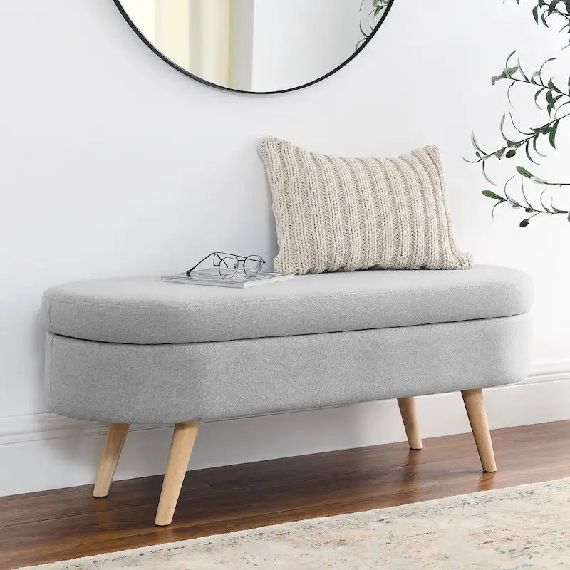 GDFStudio - Banc Ottoman de Rangement Emma en Lin Plissé avec Pieds en Bois d'Hévéa Durables