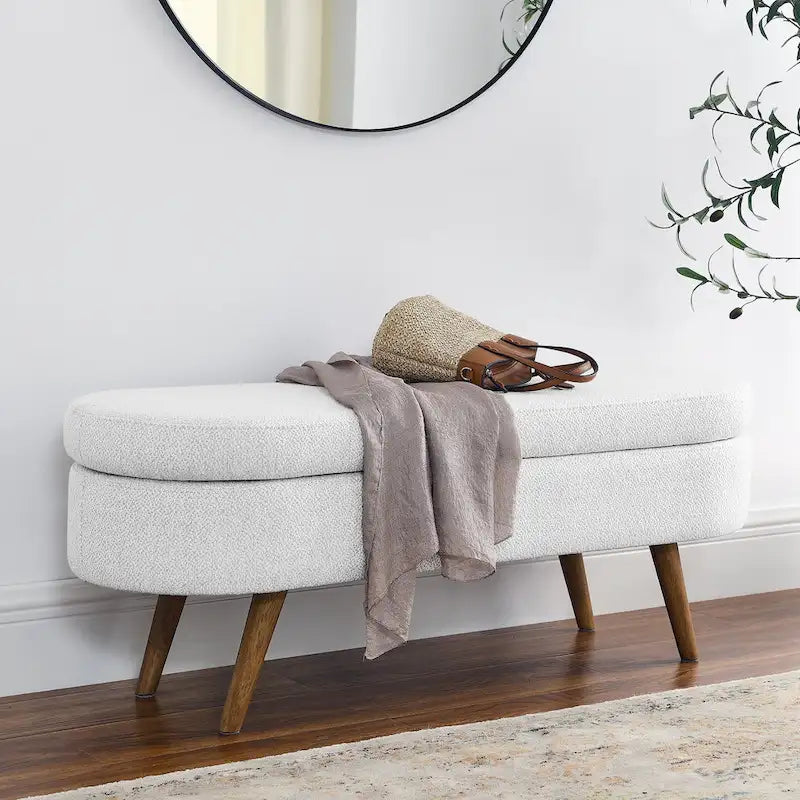 GDFStudio - Banc Ottoman de Rangement Emma en Lin Plissé avec Pieds en Bois d'Hévéa Durables