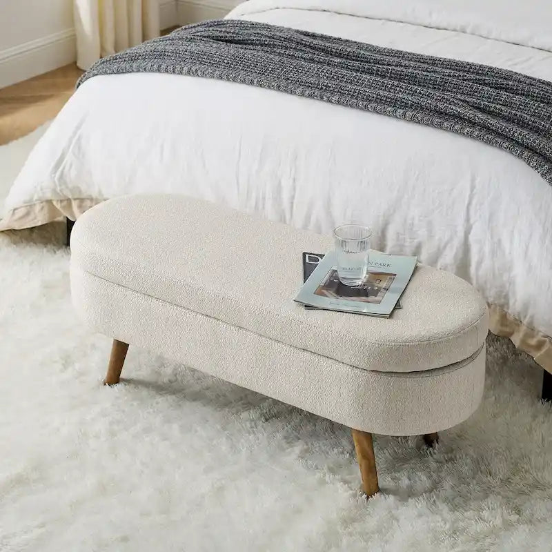 GDFStudio - Banc Ottoman de Rangement Emma en Lin Plissé avec Pieds en Bois d'Hévéa Durables