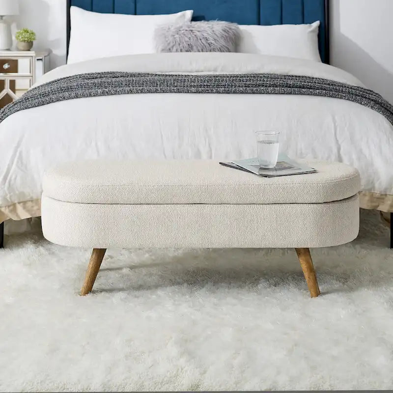 GDFStudio - Banc Ottoman de Rangement Emma en Lin Plissé avec Pieds en Bois d'Hévéa Durables