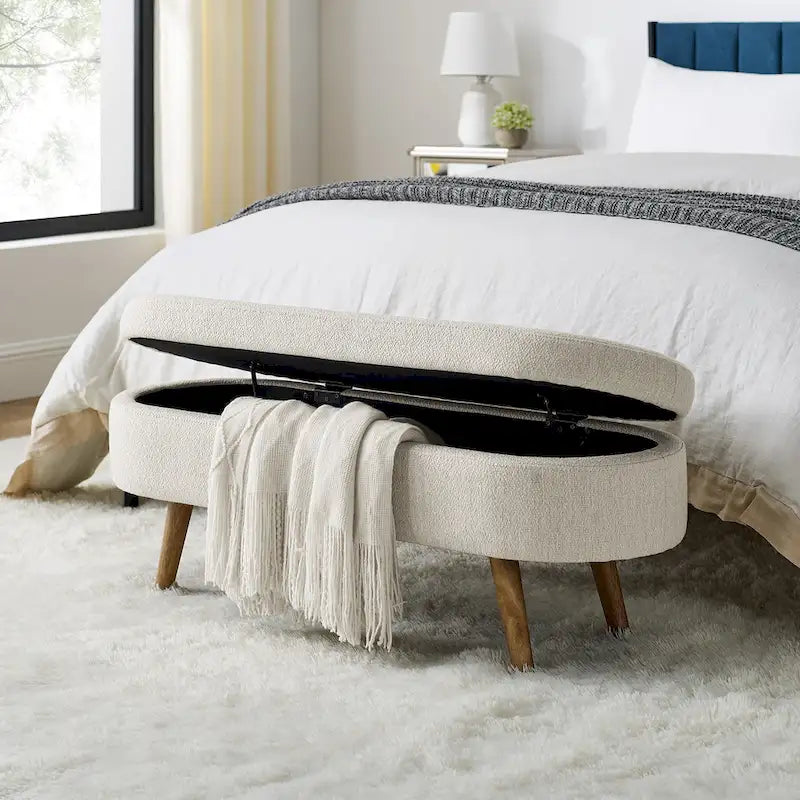 GDFStudio - Banc Ottoman de Rangement Emma en Lin Plissé avec Pieds en Bois d'Hévéa Durables