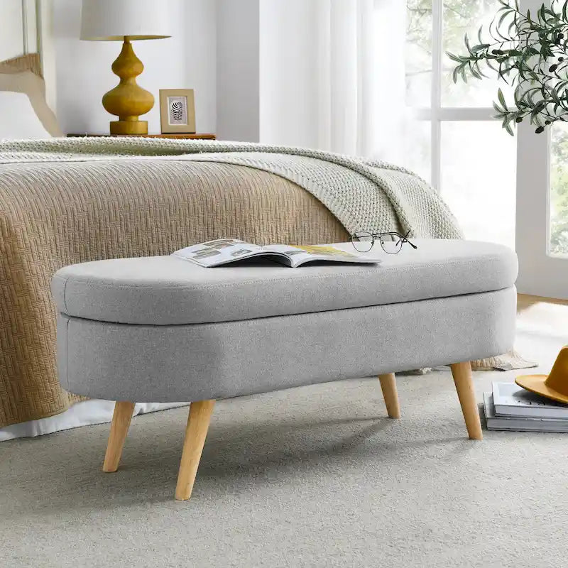 GDFStudio - Banc Ottoman de Rangement Emma en Lin Plissé avec Pieds en Bois d'Hévéa Durables