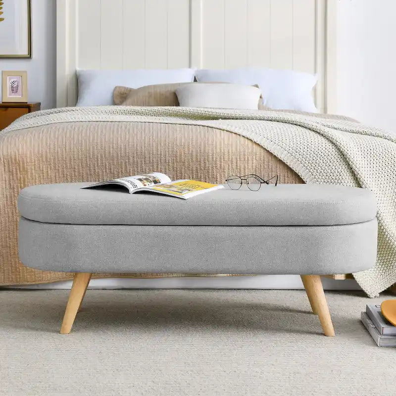 GDFStudio - Banc Ottoman de Rangement Emma en Lin Plissé avec Pieds en Bois d'Hévéa Durables
