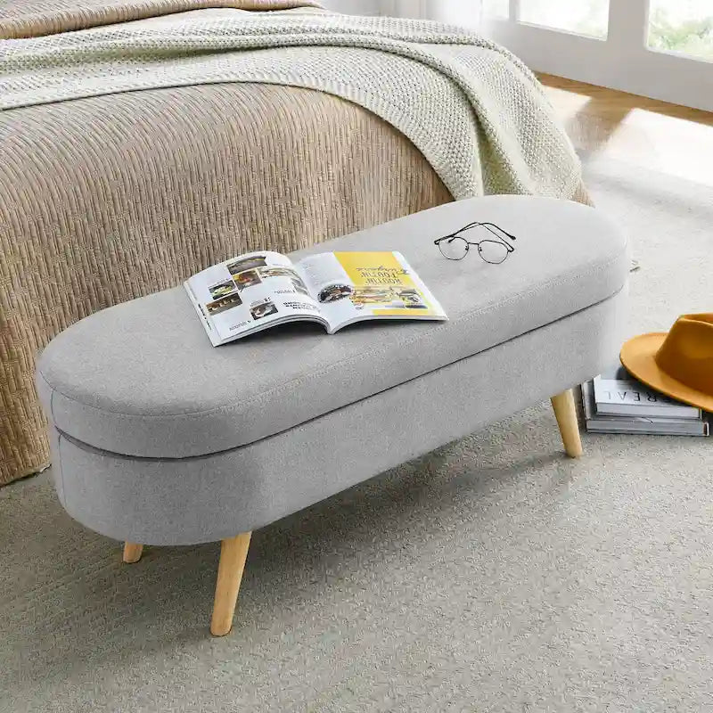GDFStudio - Banc Ottoman de Rangement Emma en Lin Plissé avec Pieds en Bois d'Hévéa Durables