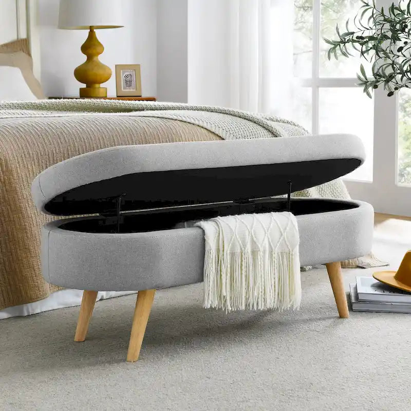 GDFStudio - Banc Ottoman de Rangement Emma en Lin Plissé avec Pieds en Bois d'Hévéa Durables
