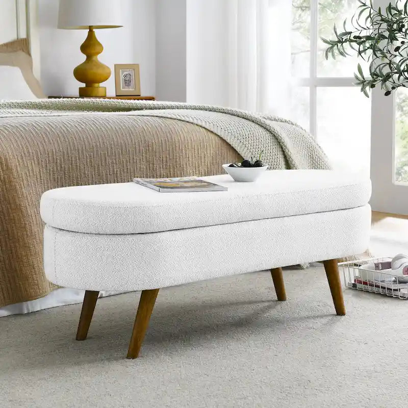 GDFStudio - Banc Ottoman de Rangement Emma en Lin Plissé avec Pieds en Bois d'Hévéa Durables