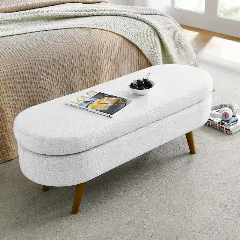 GDFStudio - Banc Ottoman de Rangement Emma en Lin Plissé avec Pieds en Bois d'Hévéa Durables