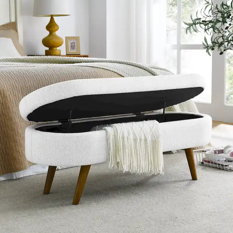GDFStudio - Banc Ottoman de Rangement Emma en Lin Plissé avec Pieds en Bois d'Hévéa Durables