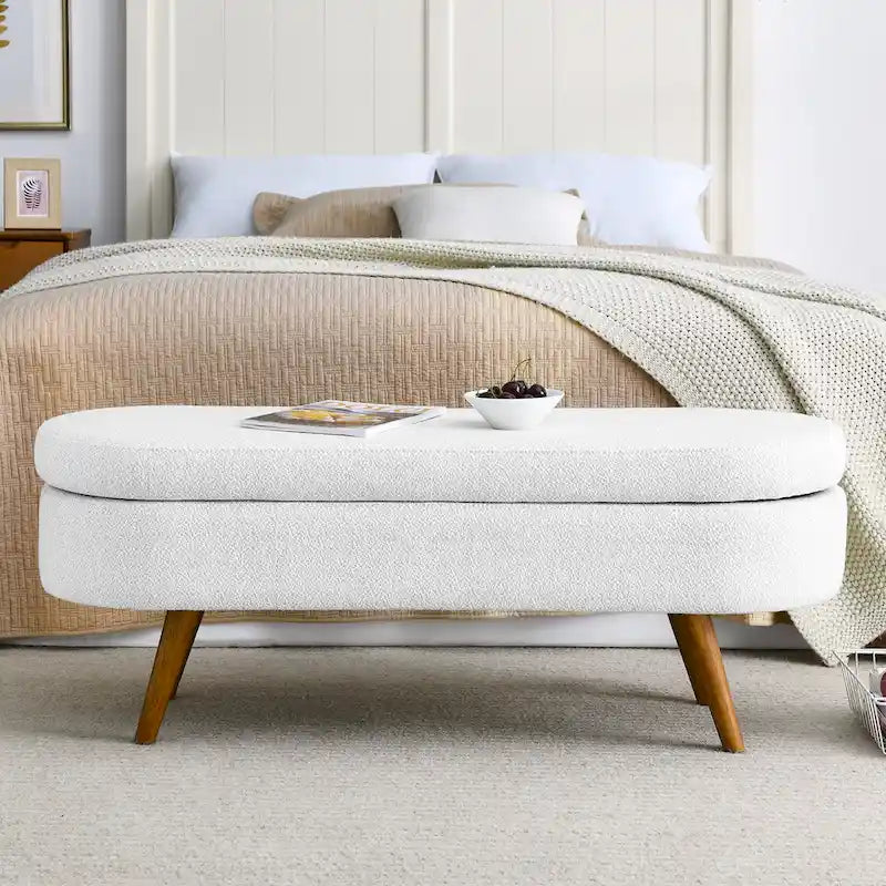 GDFStudio - Banc Ottoman de Rangement Emma en Lin Plissé avec Pieds en Bois d'Hévéa Durables