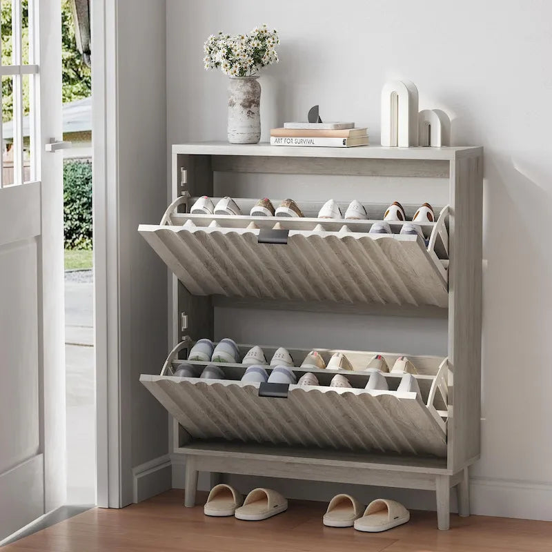 Meuble à chaussures cannelé pour entrée, meuble de rangement de chaussures fin avec 2 tiroirs basculants et pieds en bois massif, organisateur de chaussures étroit