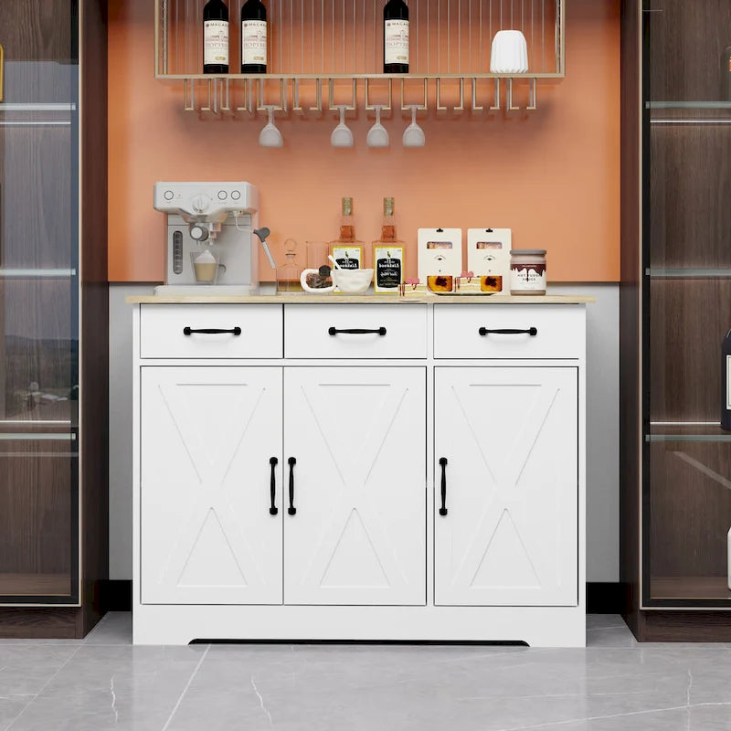 Buffet de ferme avec 3 tiroirs et 3 portes pour salle à manger, salon, cuisine - Blanc