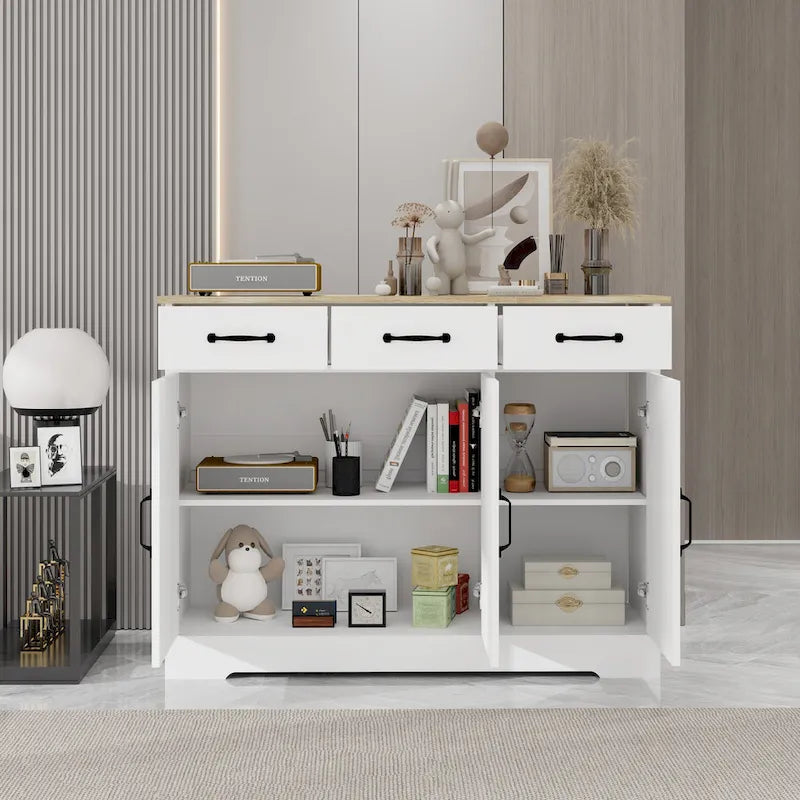 Buffet de ferme avec 3 tiroirs et 3 portes pour salle à manger, salon, cuisine - Blanc