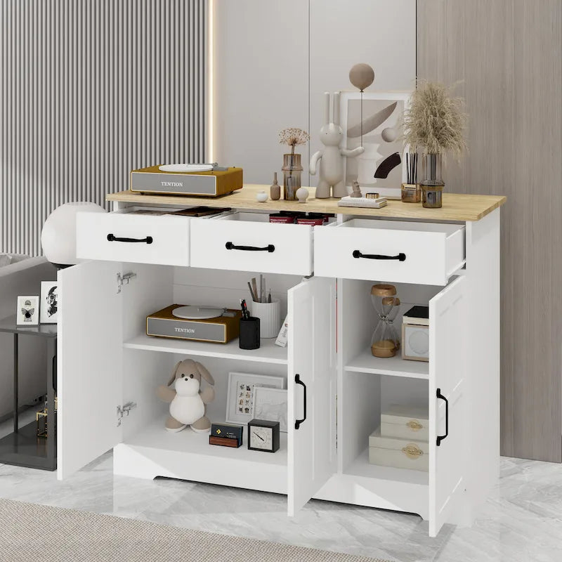 Buffet de ferme avec 3 tiroirs et 3 portes pour salle à manger, salon, cuisine - Blanc