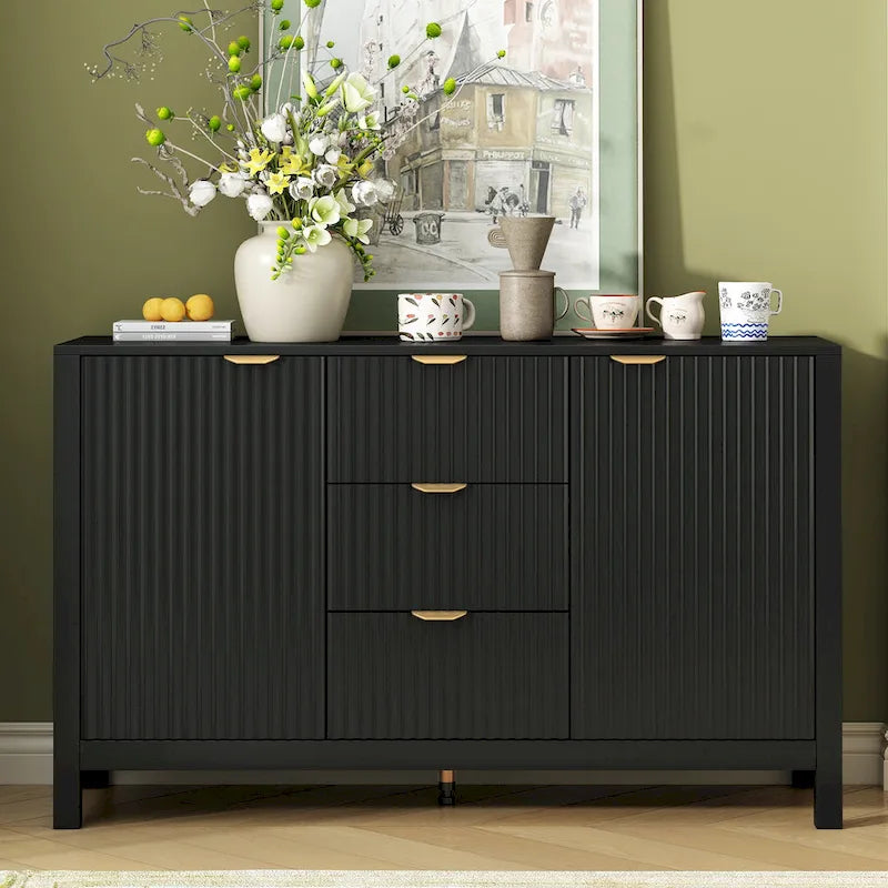 Meuble Buffet de Rangement 47,2" avec Design Vague - 3 Étagères Réglables et 3 Tiroirs - N/A