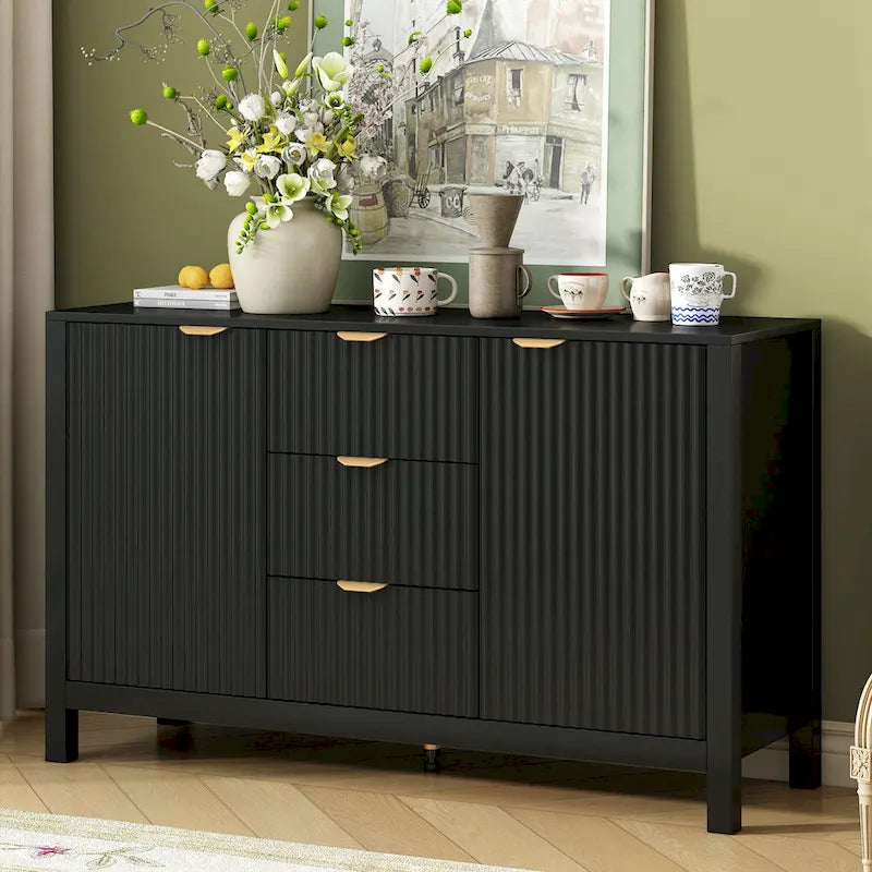 Meuble Buffet de Rangement 47,2" avec Design Vague - 3 Étagères Réglables et 3 Tiroirs - N/A