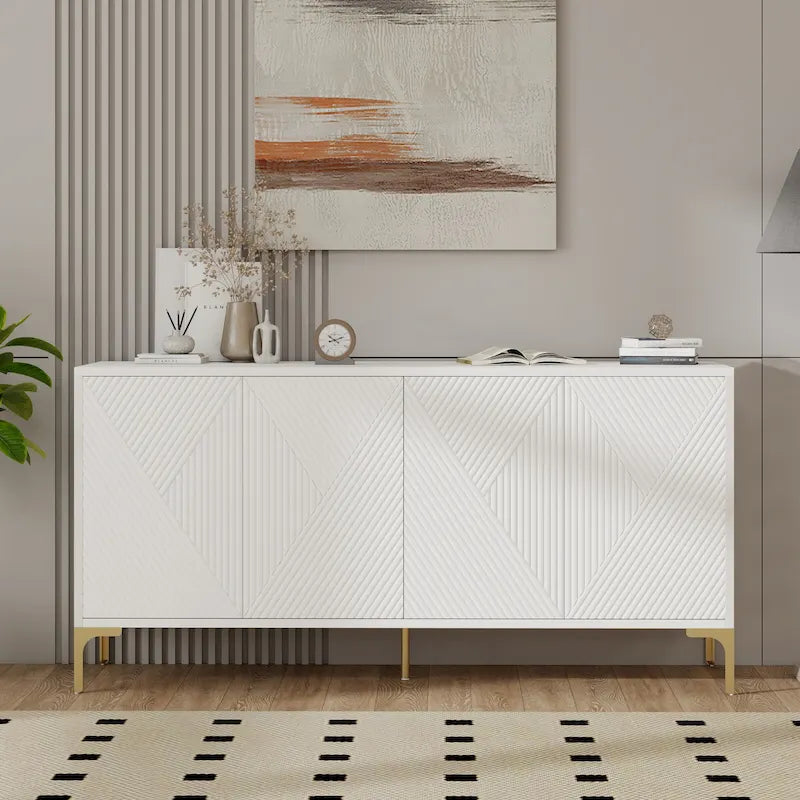 Buffet 4 portes de 152 cm avec portes sculptées et étagères réglables pour entrée, salle à manger, salon