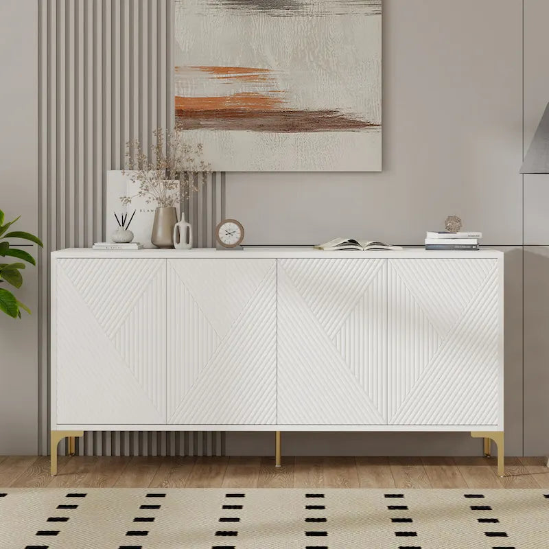 Buffet 4 portes de 152 cm avec portes sculptées et étagères réglables pour entrée, salle à manger, salon