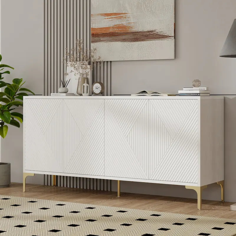 Buffet 4 portes de 152 cm avec portes sculptées et étagères réglables pour entrée, salle à manger, salon